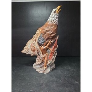 Native American Eagle Warrior Sculpture, Hand-Painted Ceramic 12" Figurine, Vtg